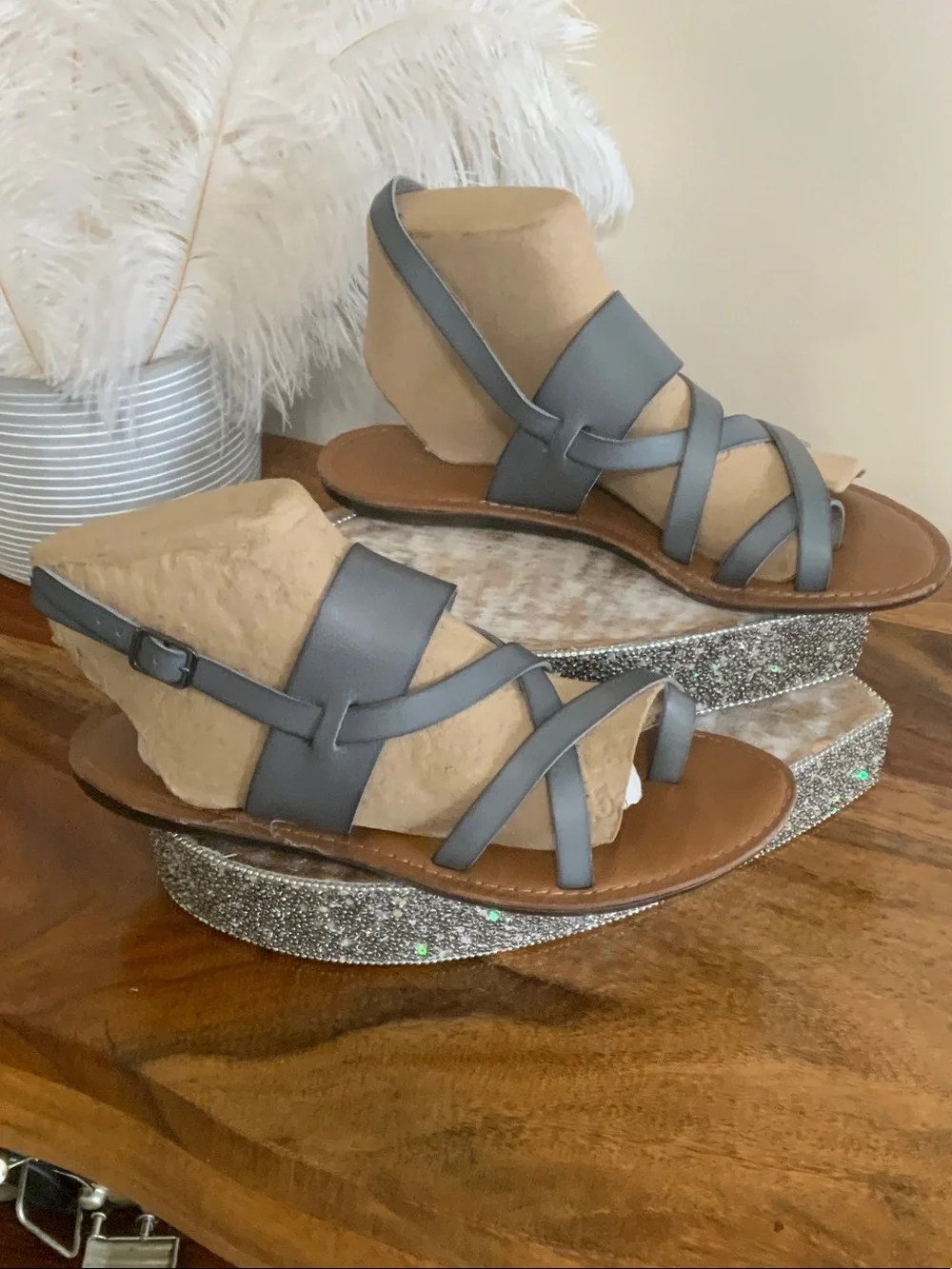 Maurices Gray Strappy Leather Sandals